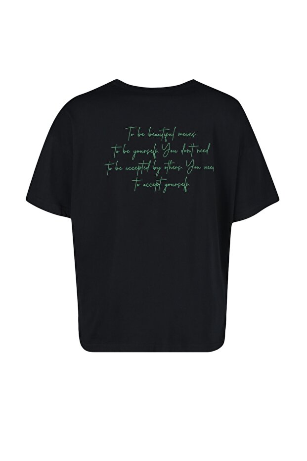 Siyah Bisiklet Yaka Sırt Baskılı %100 Pamuk Örme T-Shirt TBBSS23BF00024 - 9