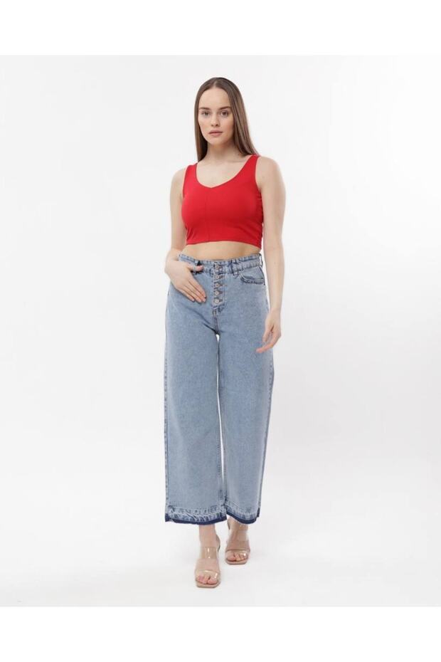 Women's Ice Blue Button Leg Detailed Flare Jeans Wide Leg Jeans Wide Leg Jeans