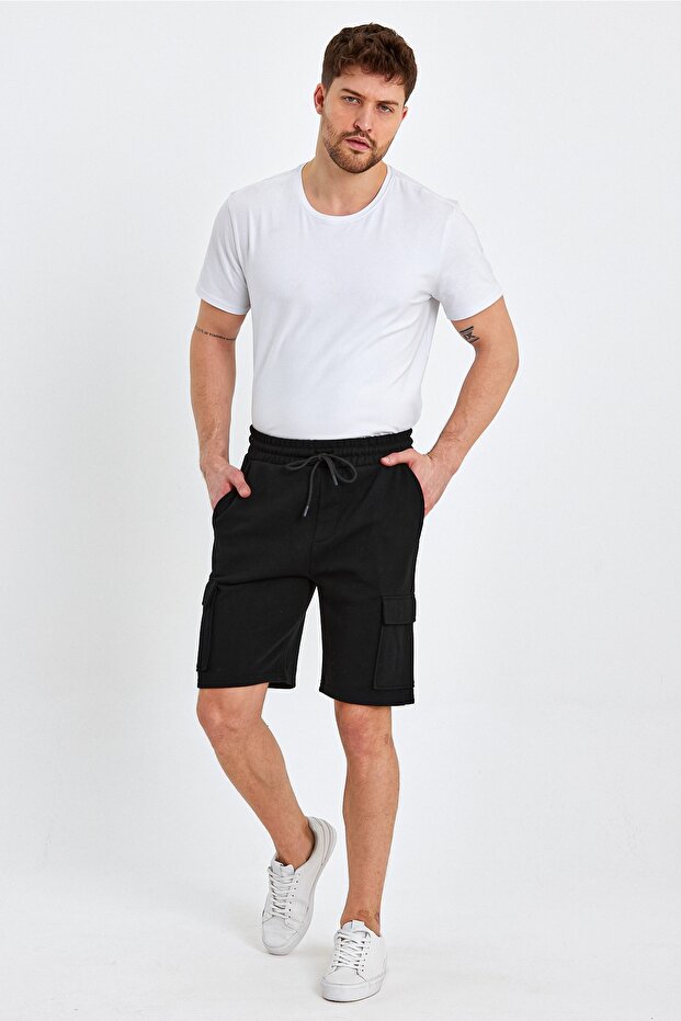 Men's Classic Cargo Multi Pocket Elastic Plain Black Shorts