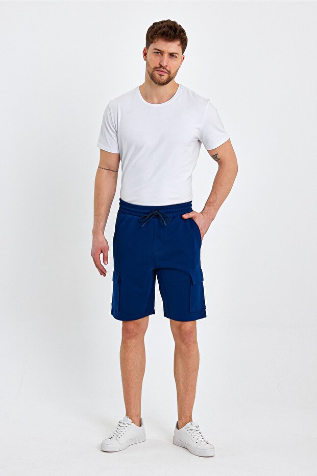 Men's Classic Cargo Multi-Pocket Elastic Plain Indigo Shorts