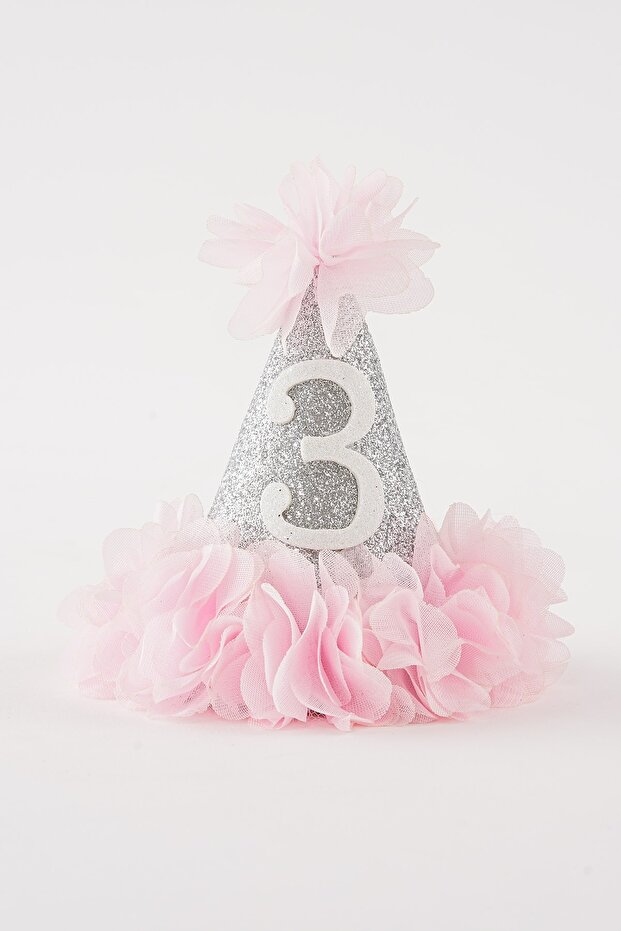 3 Year Old Funnel Elastic Birthday Glitter Party Hat Crown (Silver-Pink)