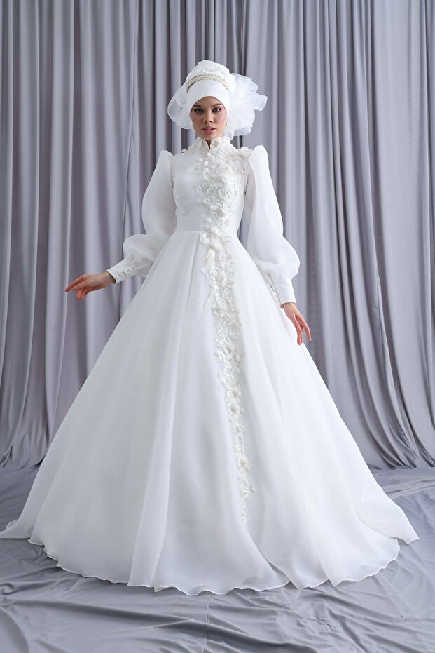 3D Lace Hijab Wedding Dress
