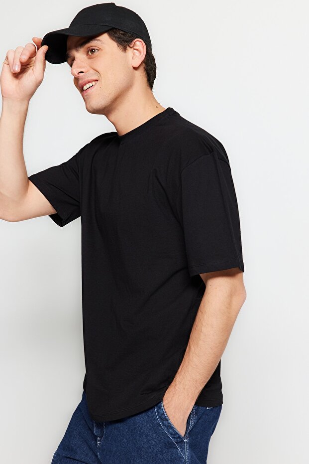 Siyah Basic %100 Pamuklu Relaxed/Rahat Kesim T-Shirt TMNSS22TS0274 - 3