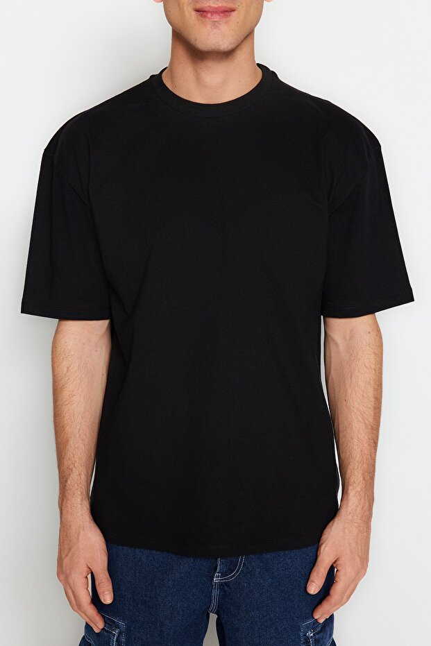 Siyah Basic %100 Pamuklu Relaxed/Rahat Kesim T-Shirt TMNSS22TS0274 - 4