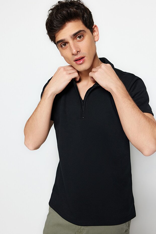 Siyah Regular/Normal Kesim Pike Fermuarlı Polo Yaka T-Shirt TMNSS23PO00019 - 3