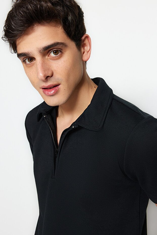 Siyah Regular/Normal Kesim Pike Fermuarlı Polo Yaka T-Shirt TMNSS23PO00019 - 2