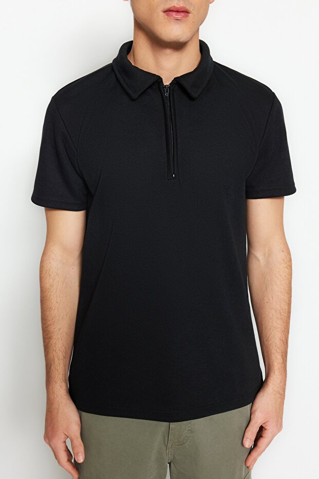Siyah Regular/Normal Kesim Pike Fermuarlı Polo Yaka T-Shirt TMNSS23PO00019 - 4