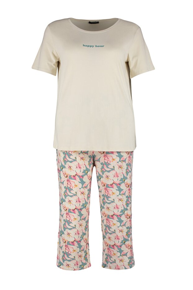 Ekru Çiçekli Kapri Boy Örme Pijama Takımı TBBSS23AI00009 - 6