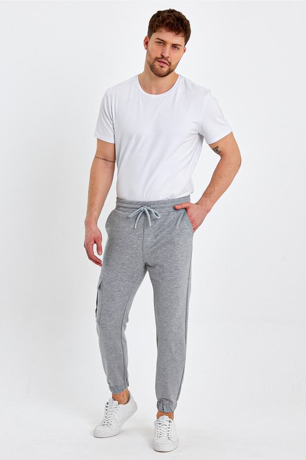 Men's Elastic Cargo Pocket Jogger Basic Gray Pants - 1