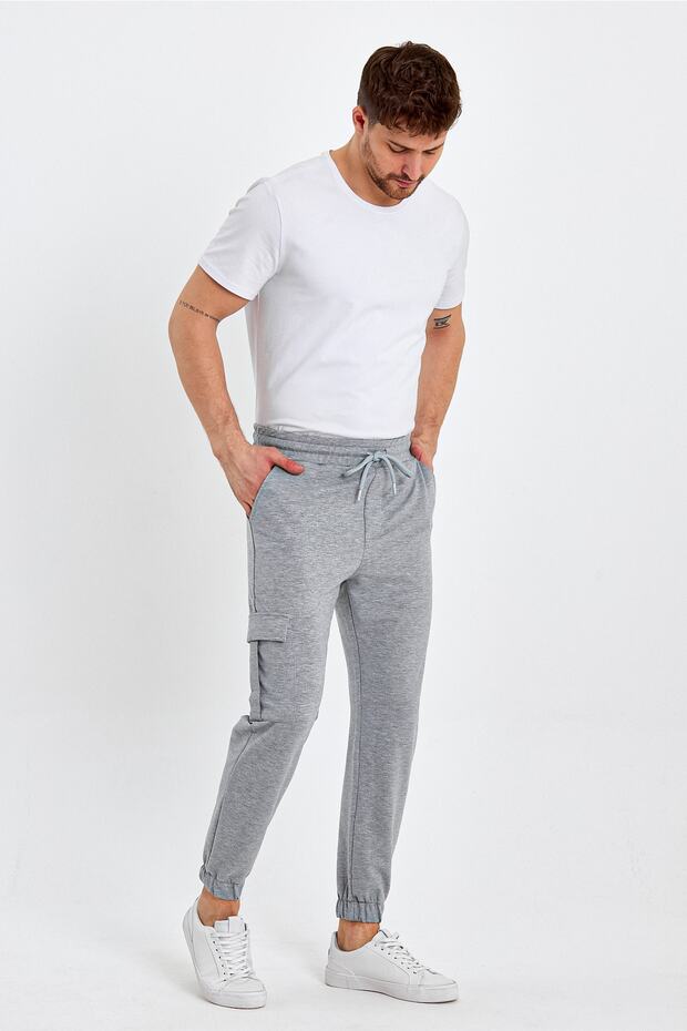 Men's Elastic Cargo Pocket Jogger Basic Gray Pants - 5