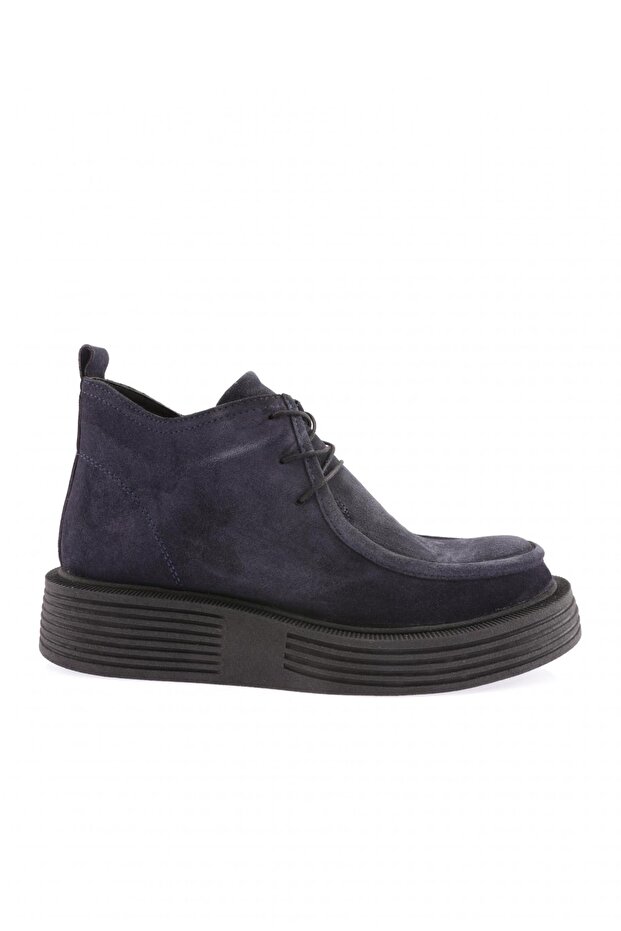 Women's Front Elastic Stitching Detailed Thick Sole Ankle Boots Blue Suede Genuine Leather 33613883