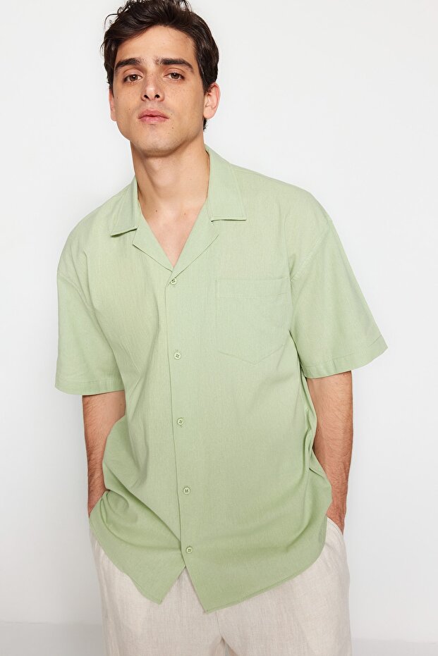 Yeşil Oversize Fit Yazlık Pamuklu Gömlek TMNSS23GO00080 - 4