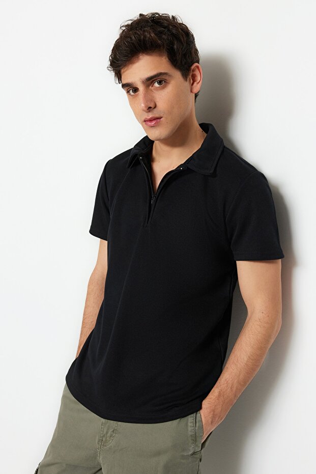 Siyah Regular/Normal Kesim Pike Fermuarlı Polo Yaka T-Shirt TMNSS23PO00019 - 1