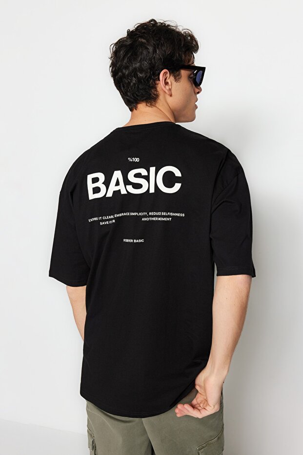 Siyah Oversize/Geniş Kesim Yazı Baskılı Kısa Kol %100 Pamuklu T-Shirt TMNSS23TS00263 - 3