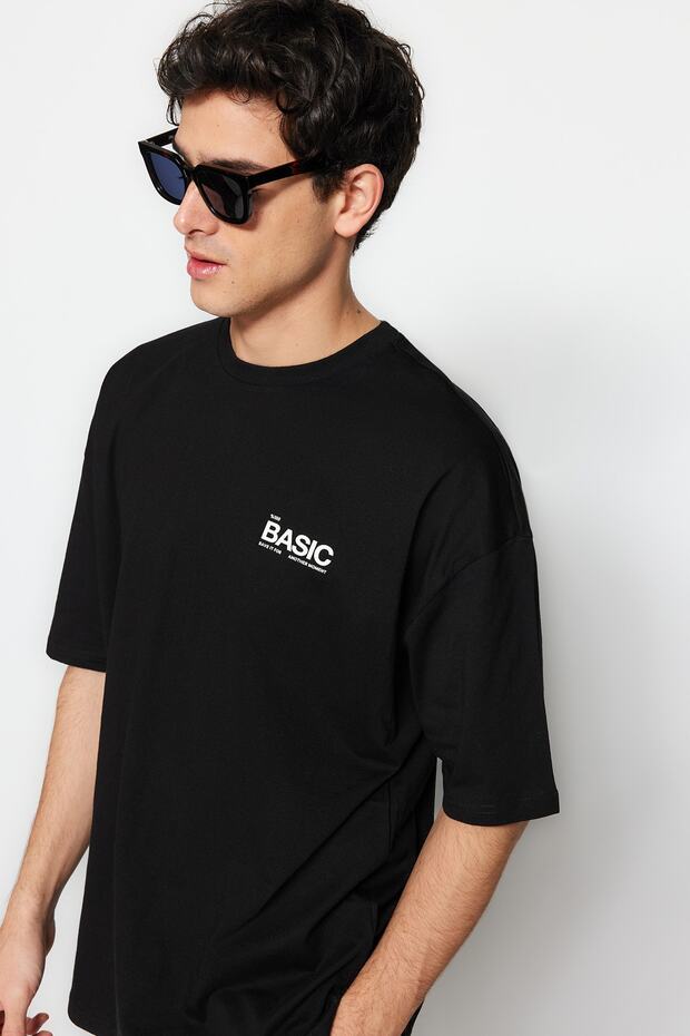 Siyah Oversize/Geniş Kesim Yazı Baskılı Kısa Kol %100 Pamuklu T-Shirt TMNSS23TS00263 - 2