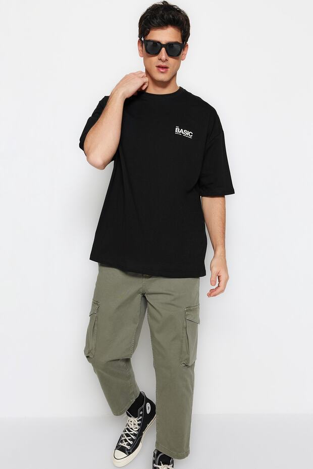 Siyah Oversize/Geniş Kesim Yazı Baskılı Kısa Kol %100 Pamuklu T-Shirt TMNSS23TS00263 - 4