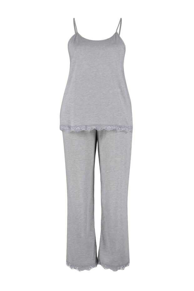 Szary koronkowy komplet piżamowy z dzianiny z detalami - 6
