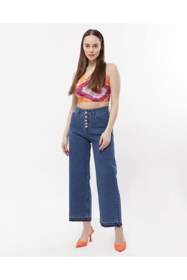 Women's Blue Button Leg Detailed Flare Jeans Wide Leg Jeans Wide Leg Jeans