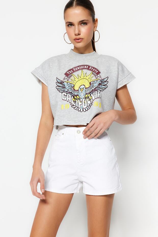 Beyaz Yüksek Bel Mini Denim Şort TWOSS23SR00155 - 7