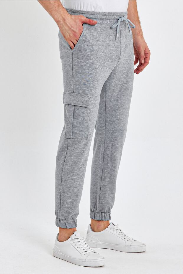 Men's Elastic Cargo Pocket Jogger Basic Gray Pants - 4
