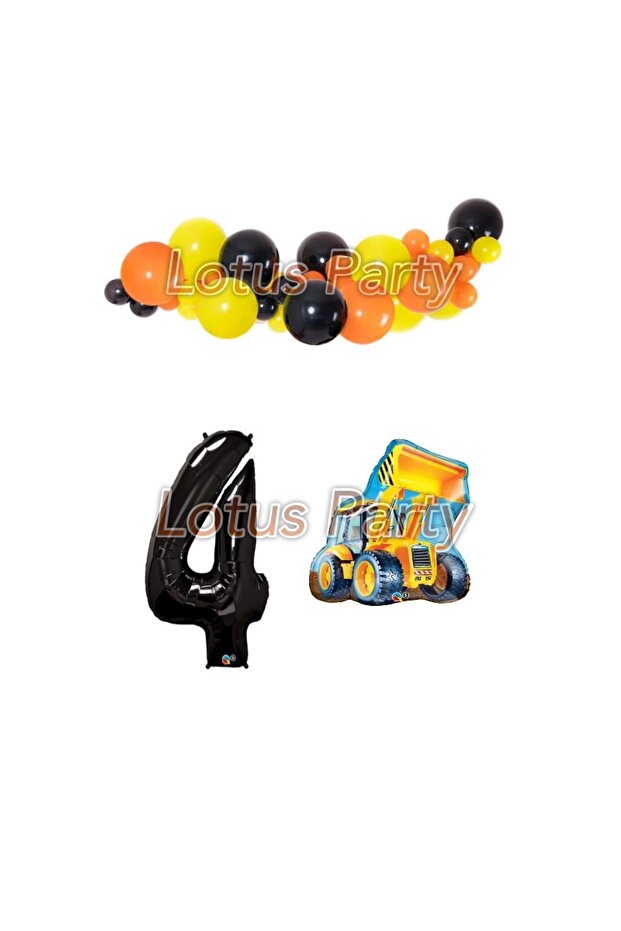 4 Years Old Construction Themed Balloon Chain Set (Pool Foil Black Yellow Orange Balloon)