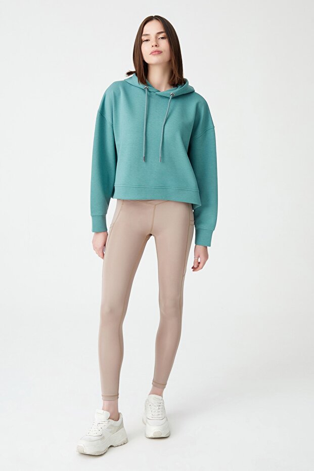 Blue Green Hooded Soft Textured Crop Sweatshirt Cropped Sweat