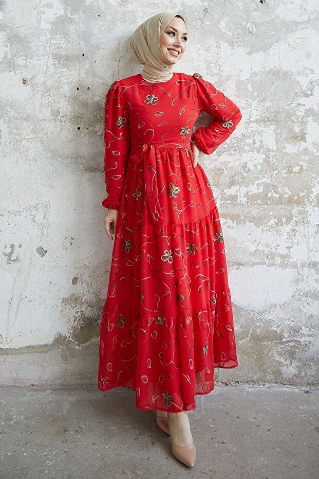Merlin Floral Embroidered Chiffon Dress - Red