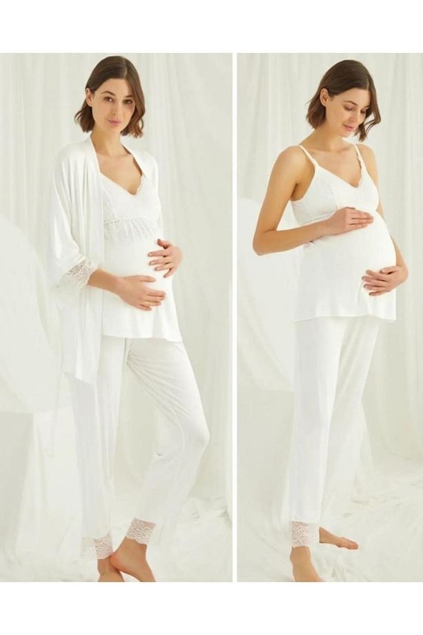 18433 Ekru Hamile Lohusa 3 Lü Pijama Sabahlık Tk - 6