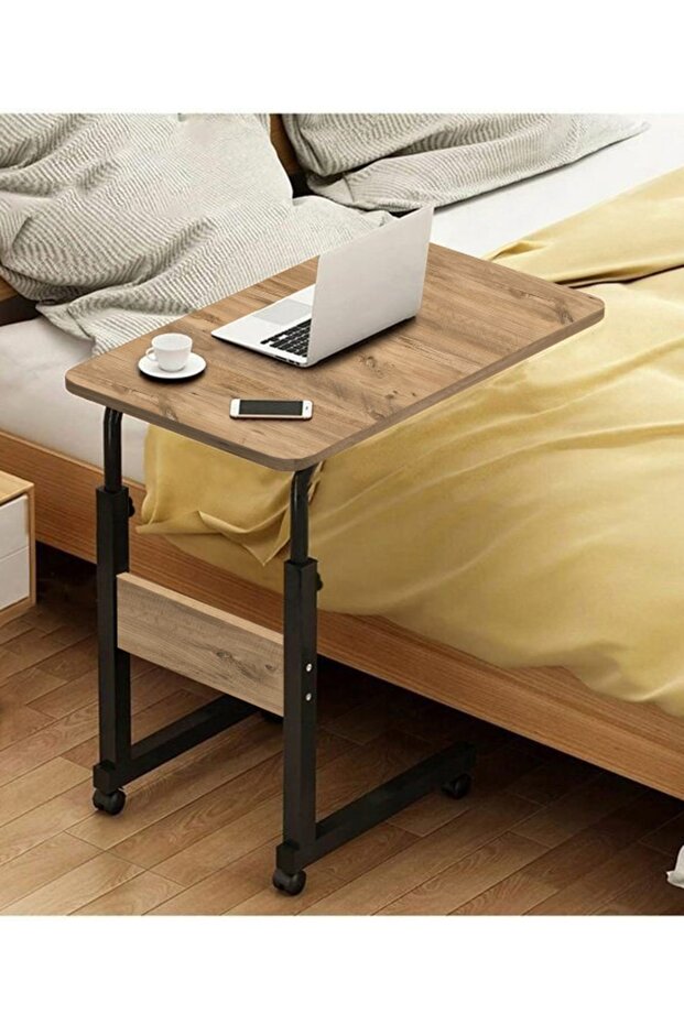 Height Adjustable Laptop and Service Table - Atlantic Pine (Wheeled) Oval Edge