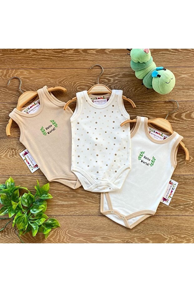 3-Piece Organic Cotton Baby Bodysuit with Straps Brown Points