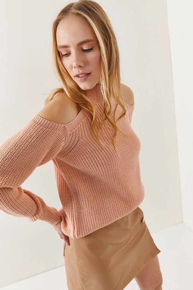 Women's Salmon Half Fisherman Shoulder Low-cut Casual Knitwear Sweater KZK-19000533