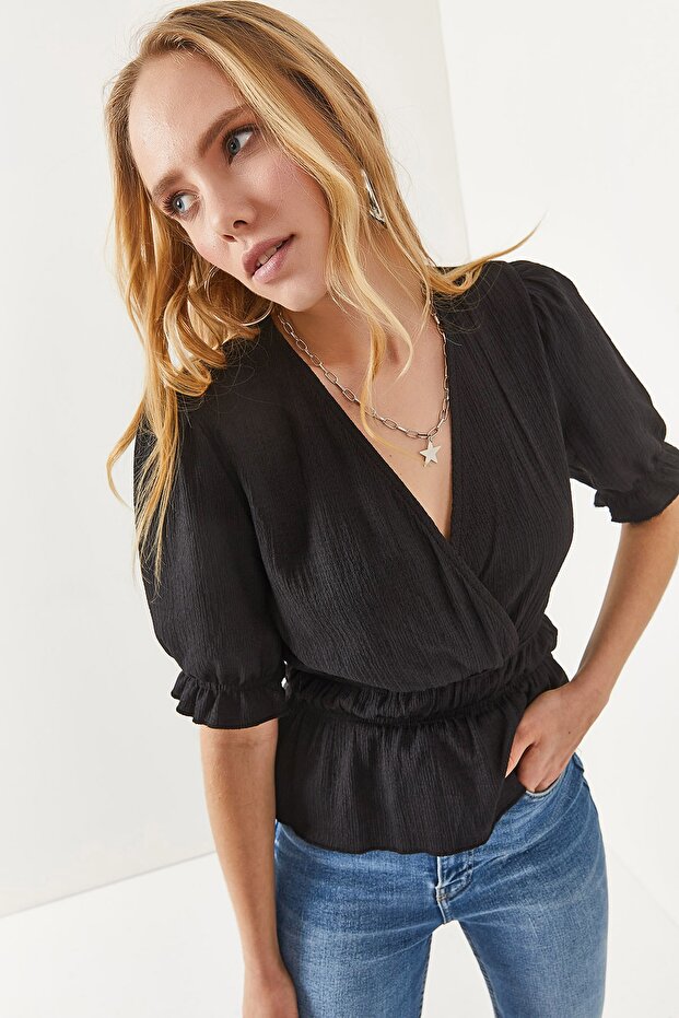 Women's Black Elastic Waist Double Breasted Blouse BLZ-19002187