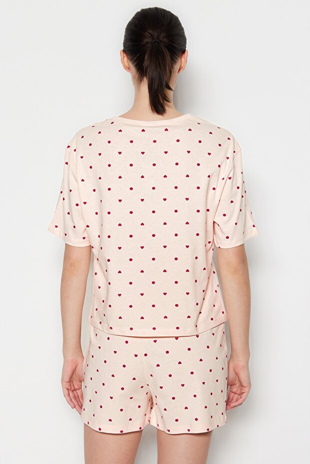 Açık Pembe %100 Pamuklu Puantiyeli ve Kalpli Şortlu Örme Pijama Takımı THMSS21PT1485 - 6