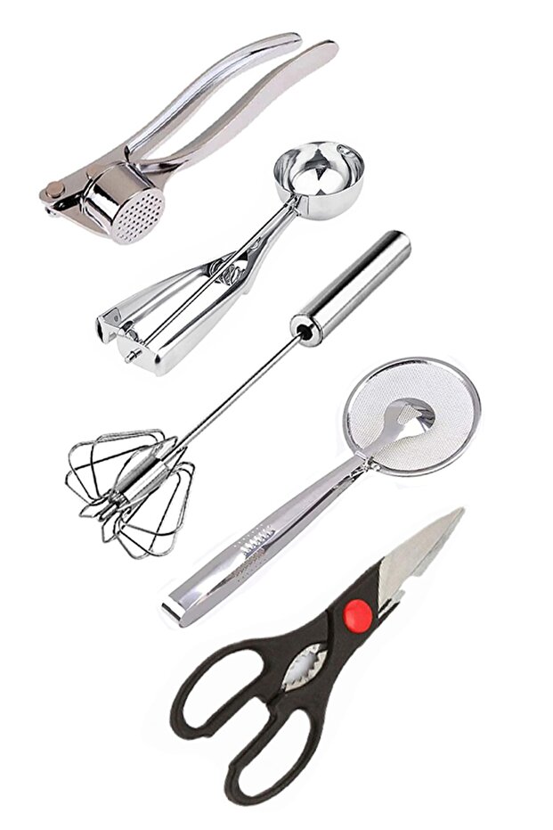 Stainless Steel Garlic Crusher, Ice Cream Scoop, Whisk, Colander, Kitchen Scissors