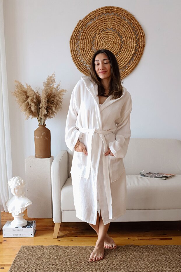 Adult Plain Muslin Bathrobe, Special Design 100% Cotton 2 Layers Hooded White