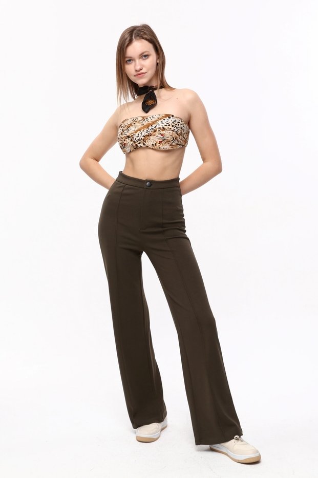 Khaki Front Button Detailed Wide Leg High Waist Trousers Leggings
