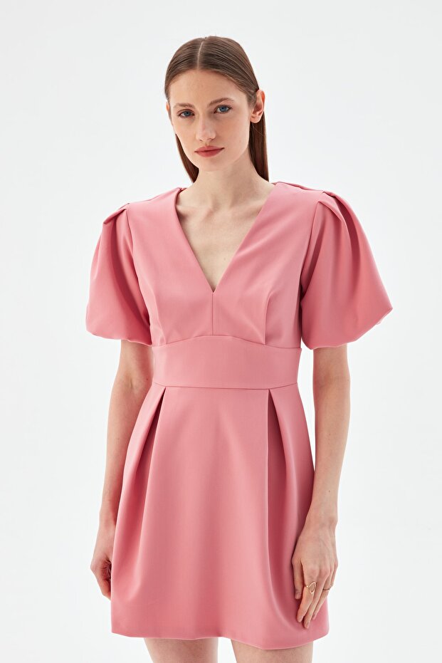 Balon Kollu Mini Elbise - 1