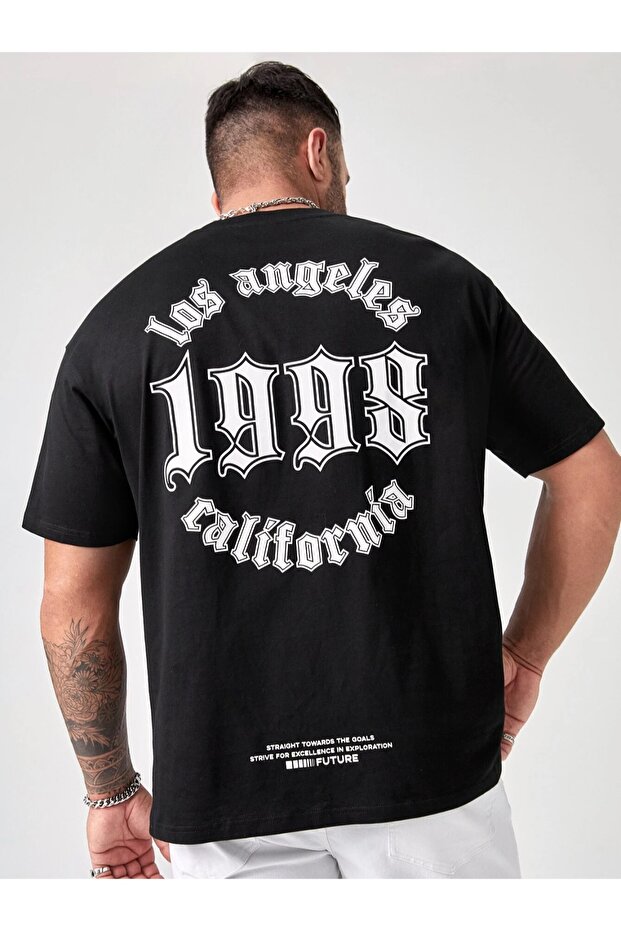 1 & Los Angels 1998 Printed Crew Neck Oversize Knitted Black Unisex T-shirt