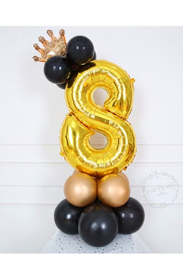 8 Year Old Gold Number Balloon Gold King Crowned Balloon Set