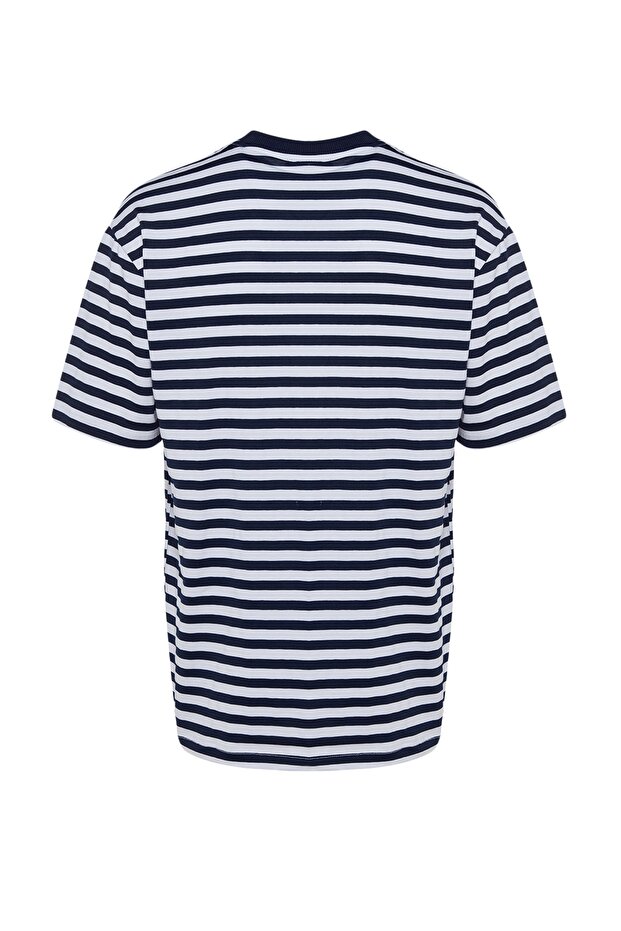 Lacivert Oversize/Geniş Kesim Çizgili Kısa Kol T-Shirt TMNSS20TS0511 - 8