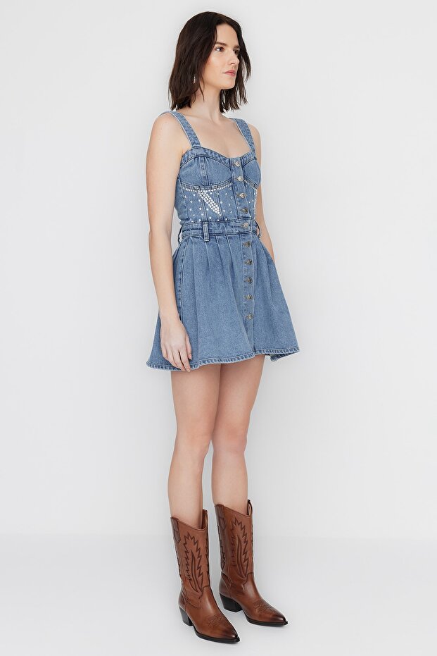 X Sagaza Studio Mavi Taş Baskı Detaylı Pileli Denim Elbise TCLSS23EL00009 - 3