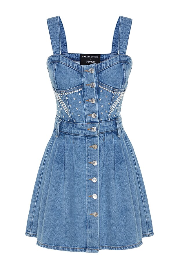 X Sagaza Studio Mavi Taş Baskı Detaylı Pileli Denim Elbise TCLSS23EL00009 - 6