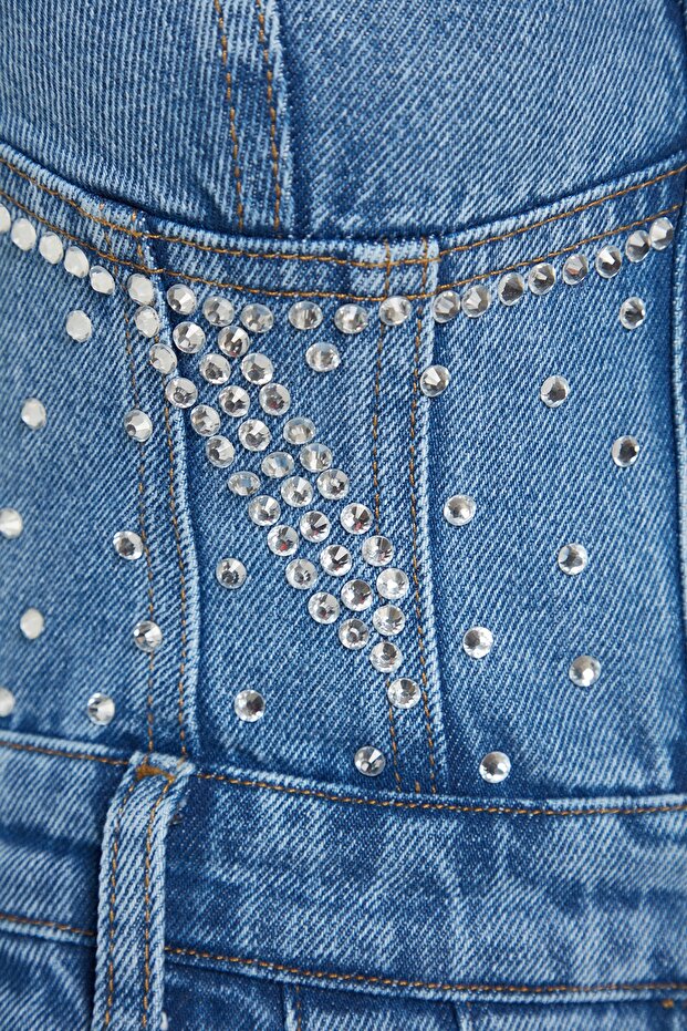 X Sagaza Studio Mavi Taş Baskı Detaylı Pileli Denim Elbise TCLSS23EL00009 - 7