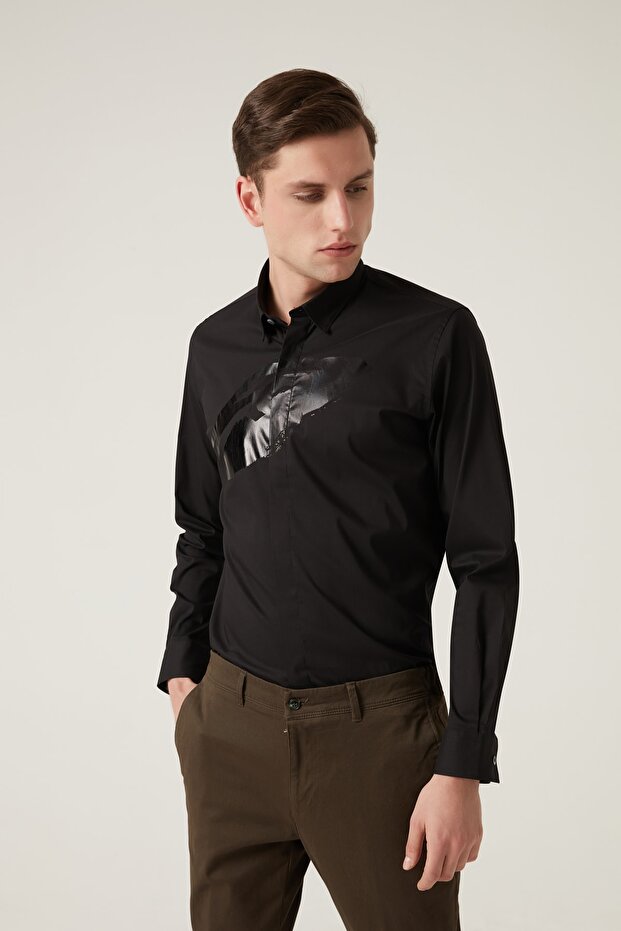 Slim Fit Siyah Gömlek - 1