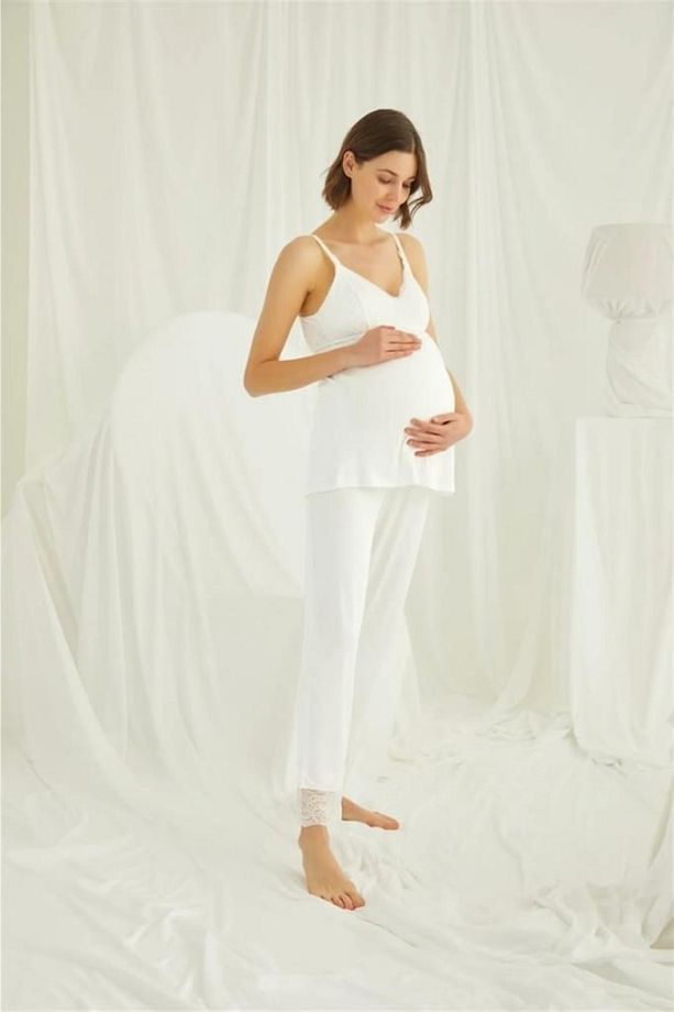 18433 Ekru Hamile Lohusa 3 Lü Pijama Sabahlık Tk - 4