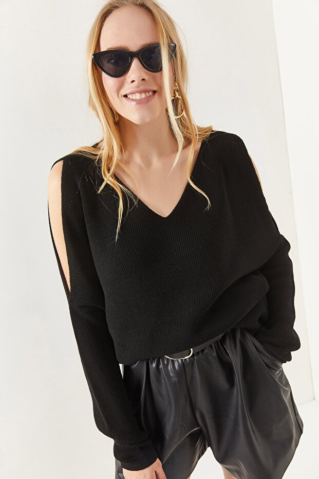 Women's Black V-neck Shoulder Low-cut Casual Knitwear Blouse BLZ-19002191