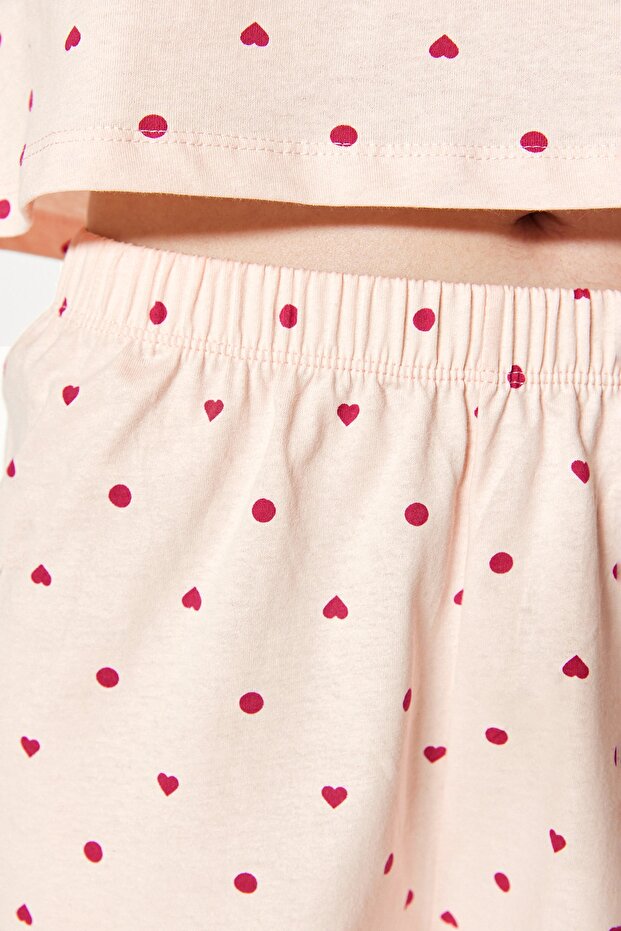 Açık Pembe %100 Pamuklu Puantiyeli ve Kalpli Şortlu Örme Pijama Takımı THMSS21PT1485 - 5