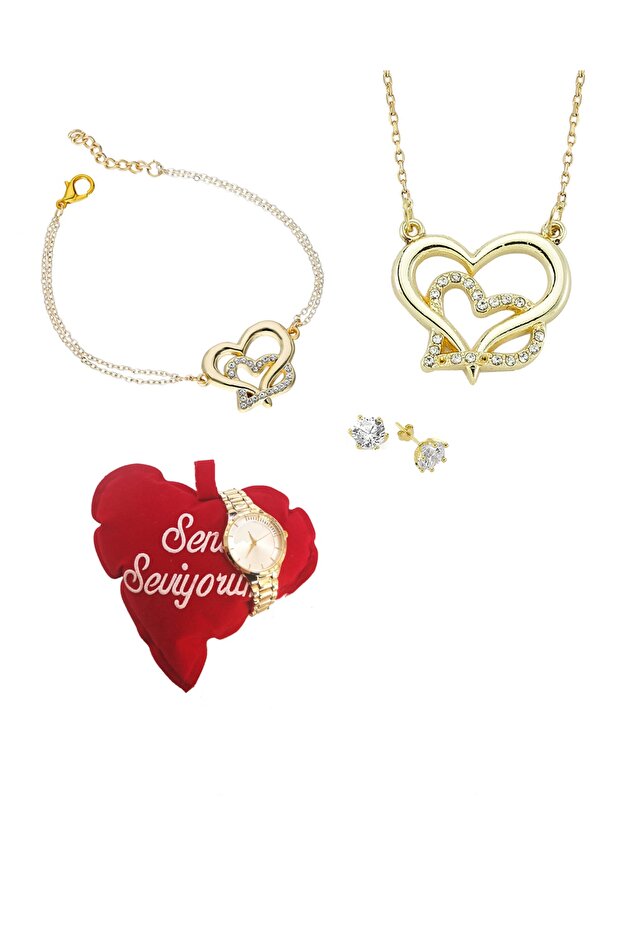 Heart Necklace Earrings Bracelet Gift Set - Watch and Pillow Gift - Ps0672