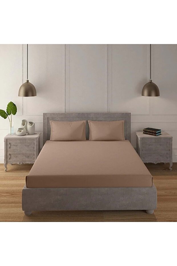 ملاءة سرير قطنية مطاطية فاخرة مقاس 160x200 سم لون كابتشينو