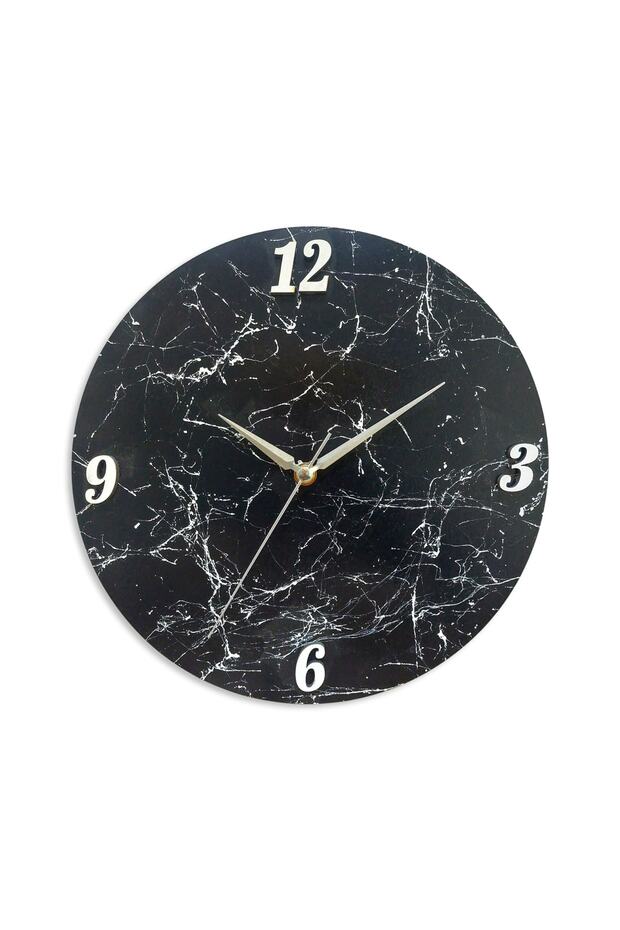 Black Round Marble Patterned Wooden Modern Wall Clock - 3